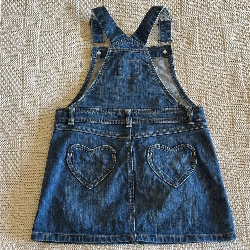 Mini Boden Denim Heart Pocket Overall Dress Jumper Heart Pockets Girls EUC